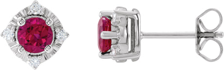 14K Gold Round Lab-Grown Ruby & Natural Diamond Halo-Style Birthstone Earrings – 4.5mm Stones - White Gold