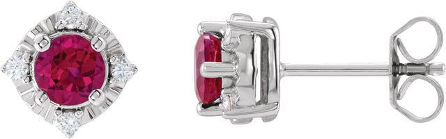 14K Gold Round Lab-Grown Ruby & Natural Diamond Halo-Style Birthstone Earrings – 4.5mm Stones - White Gold