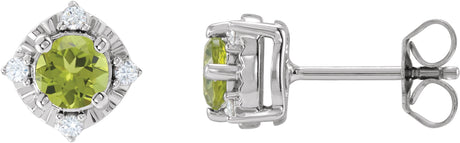 14K Gold Round Natural Peridot & Natural Diamond Halo-Style Birthstone Earrings – 4.5mm Stones - White Gold