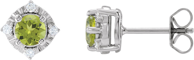 14K Gold Round Natural Peridot & Natural Diamond Halo-Style Birthstone Earrings – 4.5mm Stones - White Gold