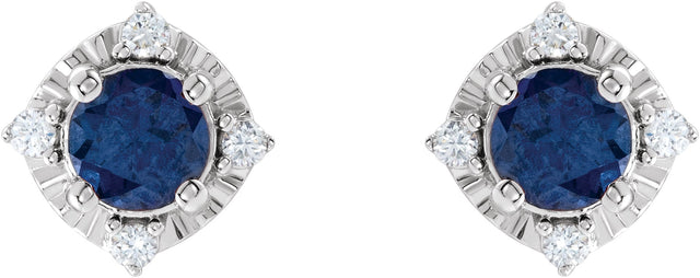 14K Gold Round Lab-Grown Blue Sapphire & Natural Diamond Halo-Style Birthstone Earrings – 4.5mm Stones - White Gold - view 2