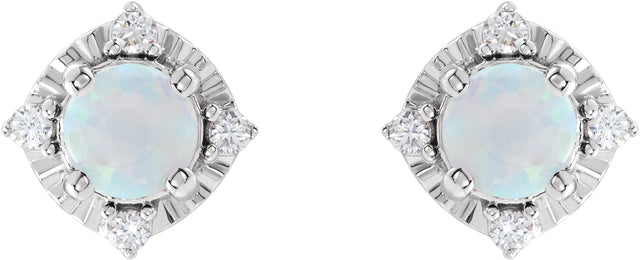 14K Gold Round Lab-Grown White Opal & Natural Diamond Halo-Style Birthstone Earrings - White Gold - view 2