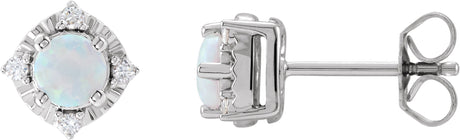 14K Gold Round Lab-Grown White Opal & Natural Diamond Halo-Style Birthstone Earrings - White Gold