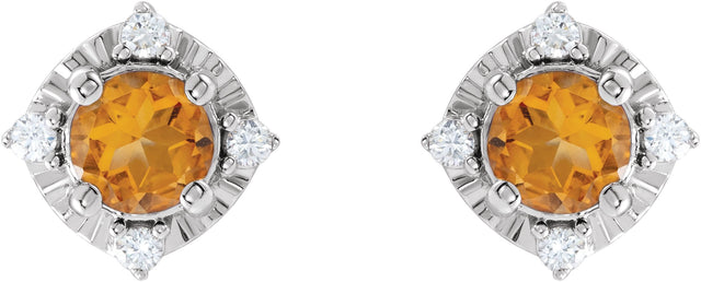 14K Gold Round Natural Citrine & Natural Diamond Halo-Style Birthstone Earrings – 4.5mm Stones - White Gold - view 2