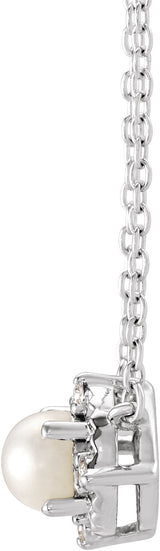 14K Gold Pearl Cultured White Freshwater Pearl & Natural Diamond Birthstone Halo-Style Necklace – 0.04 CTW - White Gold - view 4