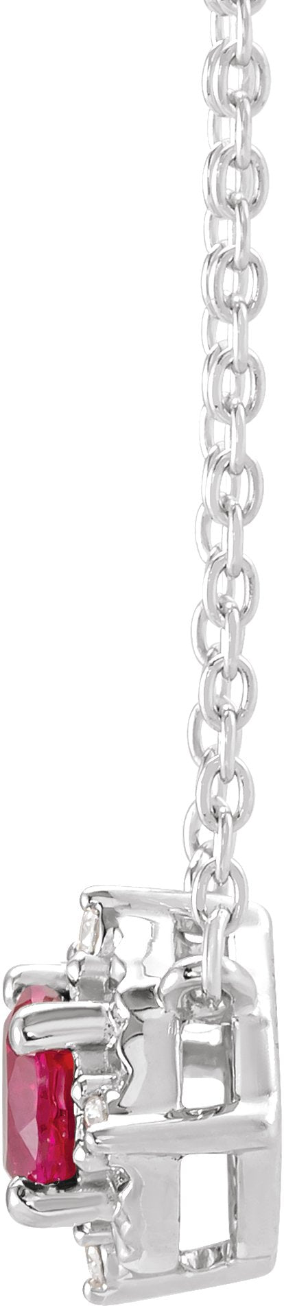 14K Gold Round Lab-Grown Ruby & Natural Diamond Birthstone Halo-Style Necklace - White Gold - view 4
