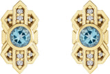 14K Gold Round Natural Aquamarine & Natural Diamond Art Deco Earrings - Yellow Gold - view 2