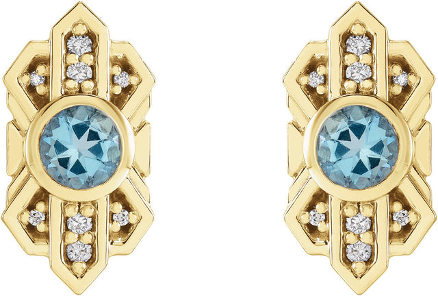 14K Gold Round Natural Aquamarine & Natural Diamond Art Deco Earrings - Yellow Gold - view 2
