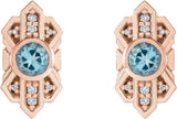 14K Gold Round Natural Aquamarine & Natural Diamond Art Deco Earrings - Rose Gold - view 2