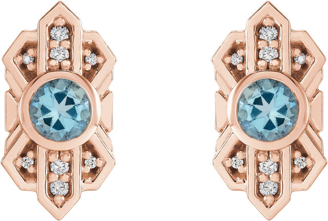 14K Gold Round Natural Aquamarine & Natural Diamond Art Deco Earrings - Rose Gold - view 2