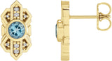 14K Gold Round Natural Aquamarine & Natural Diamond Art Deco Earrings - Yellow Gold