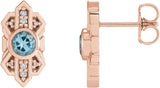 14K Gold Round Natural Aquamarine & Natural Diamond Art Deco Earrings - Rose Gold