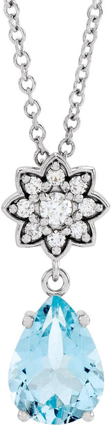 14K Gold Pear Natural Aquamarine & Natural Diamond Cluster Necklace or Pendant - White Gold
