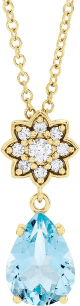 14K Gold Pear Natural Aquamarine & Natural Diamond Cluster Necklace or Pendant - Yellow Gold