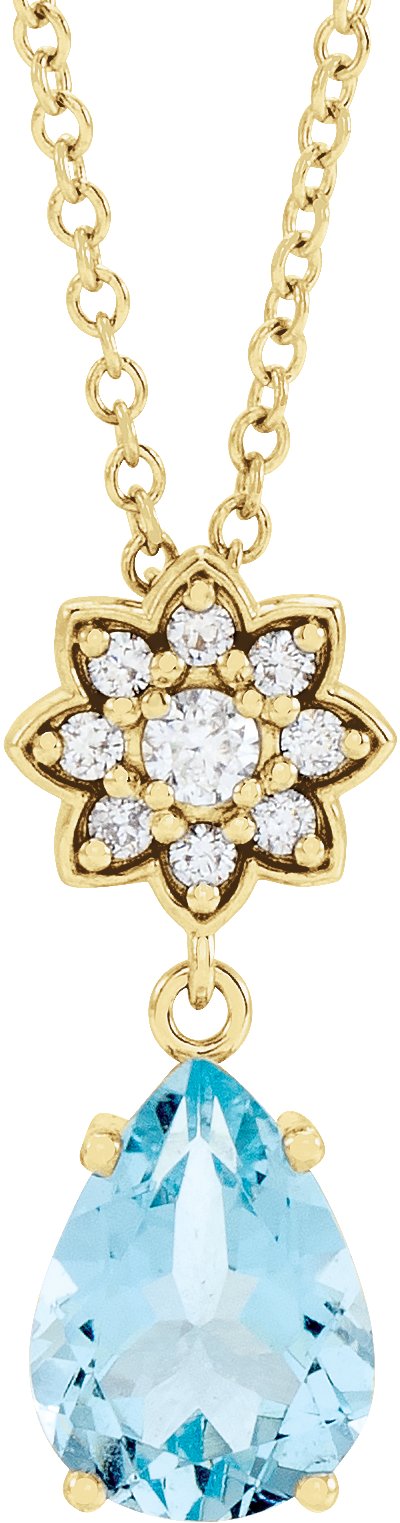 14K Gold Pear Natural Aquamarine & Natural Diamond Cluster Necklace or Pendant - Yellow Gold