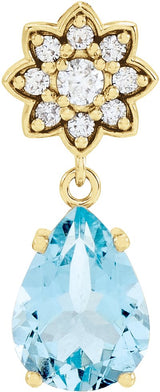 14K Gold Pear Natural Aquamarine & Natural Diamond Cluster Necklace or Pendant - Yellow Gold