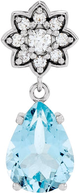14K Gold Pear Natural Aquamarine & Natural Diamond Cluster Necklace or Pendant - White Gold