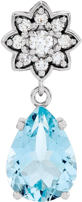 14K Gold Pear Natural Aquamarine & Natural Diamond Cluster Necklace or Pendant - White Gold