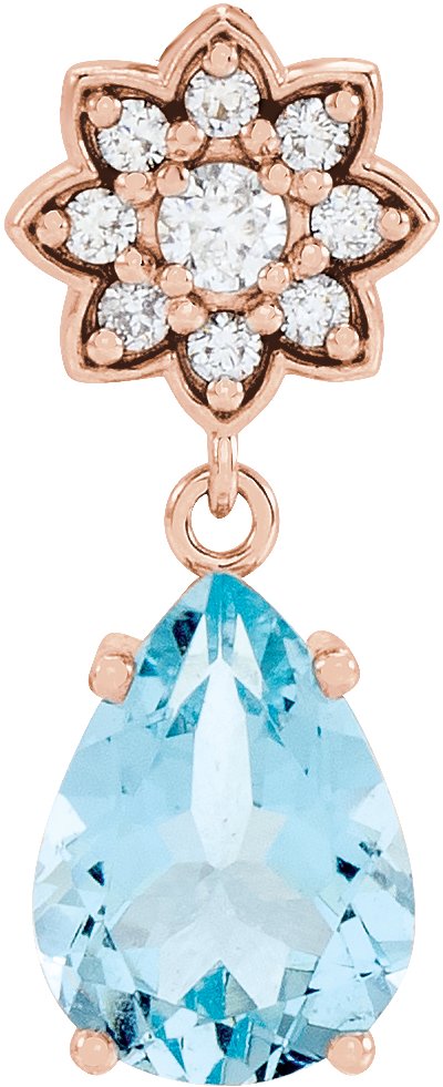 14K Gold Pear Natural Aquamarine & Natural Diamond Cluster Necklace or Pendant - Rose Gold