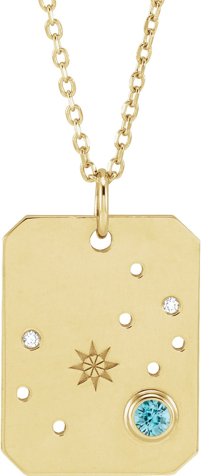 14K Gold Round Natural Blue Zircon & Natural Diamond Scorpio Constellation Necklace or Pendant - Yellow Gold