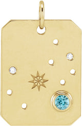 14K Gold Round Natural Blue Zircon & Natural Diamond Zodiac Constellation Necklace or Pendant - Yellow Gold