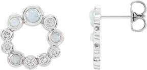 14K Gold Round Natural Ethiopian Opal & Natural Diamond Bezel-Set Cabochon Earrings - White Gold