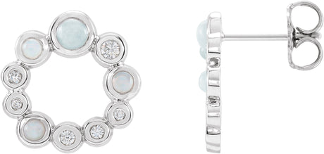 Platinum Round Natural Ethiopian Opal & Natural Diamond Bezel-Set Cabochon Earrings