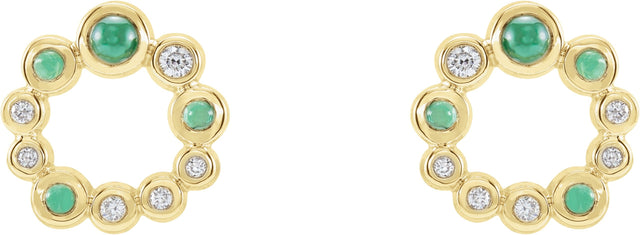 14K Gold Round Natural Emerald & Natural Diamond Bezel-Set Cabochon Earrings - Yellow Gold - view 2