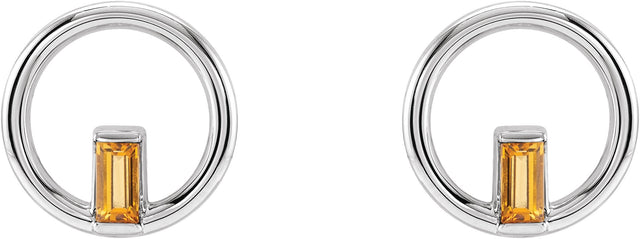 14K Gold Straight Baguette Natural Citrine Baguette Circle Earrings - White Gold - view 2