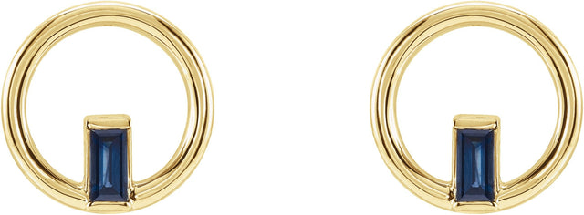 14K Gold Straight Baguette Natural Blue Sapphire Baguette Circle Earrings - Yellow Gold - view 2