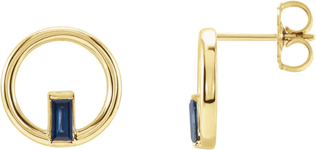 14K Gold Straight Baguette Natural Blue Sapphire Baguette Circle Earrings - Yellow Gold