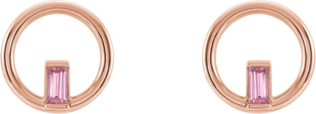 14K Gold Straight Baguette Natural Pink Tourmaline Baguette Circle Earrings - Rose Gold - view 2