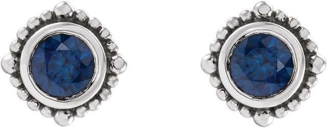 14K Gold Round Natural Blue Sapphire Beaded Halo-Style Stud Earrings - White Gold - view 2