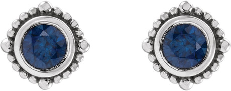 Platinum Round Natural Blue Sapphire Beaded Halo-Style Stud Earrings - view 2