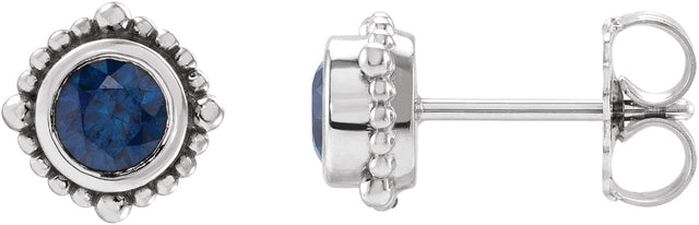 Platinum Round Natural Blue Sapphire Beaded Halo-Style Stud Earrings