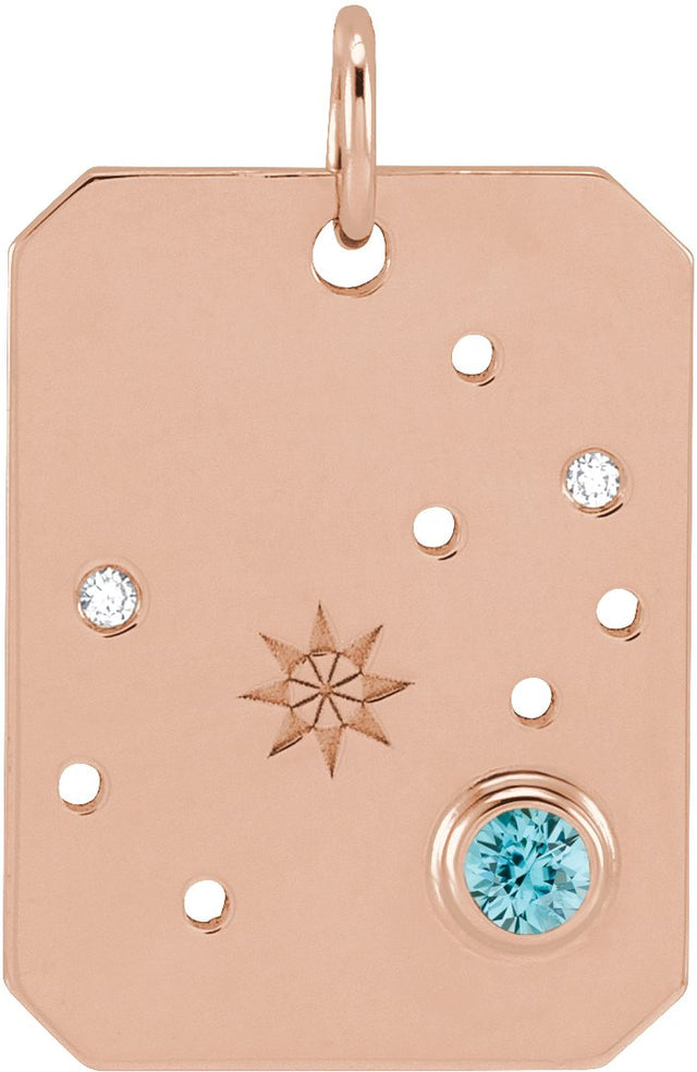 14K Gold Round Natural Blue Zircon & Natural Diamond Zodiac Constellation Necklace or Pendant - Rose Gold