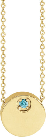 14K Gold Round Natural Blue Zircon Engravable Disc Necklace or Slide Pendant - Yellow Gold - view 2