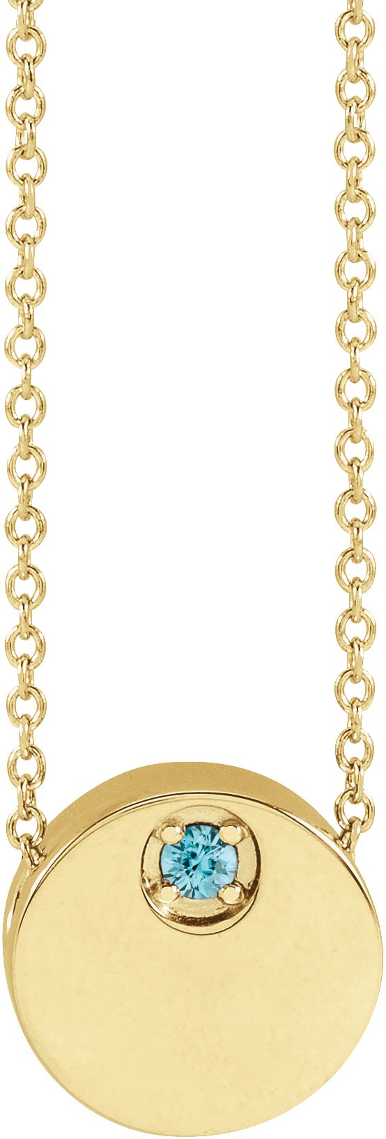 14K Gold Round Natural Blue Zircon Engravable Disc Necklace or Slide Pendant - Yellow Gold - view 2
