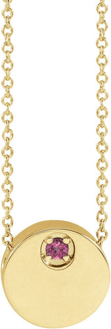14K Gold Round Natural Pink Tourmaline Engravable Disc Necklace or Slide Pendant - Yellow Gold