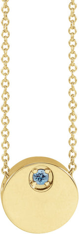 14K Gold Round Natural Aquamarine Engravable Disc Necklace or Slide Pendant - Yellow Gold