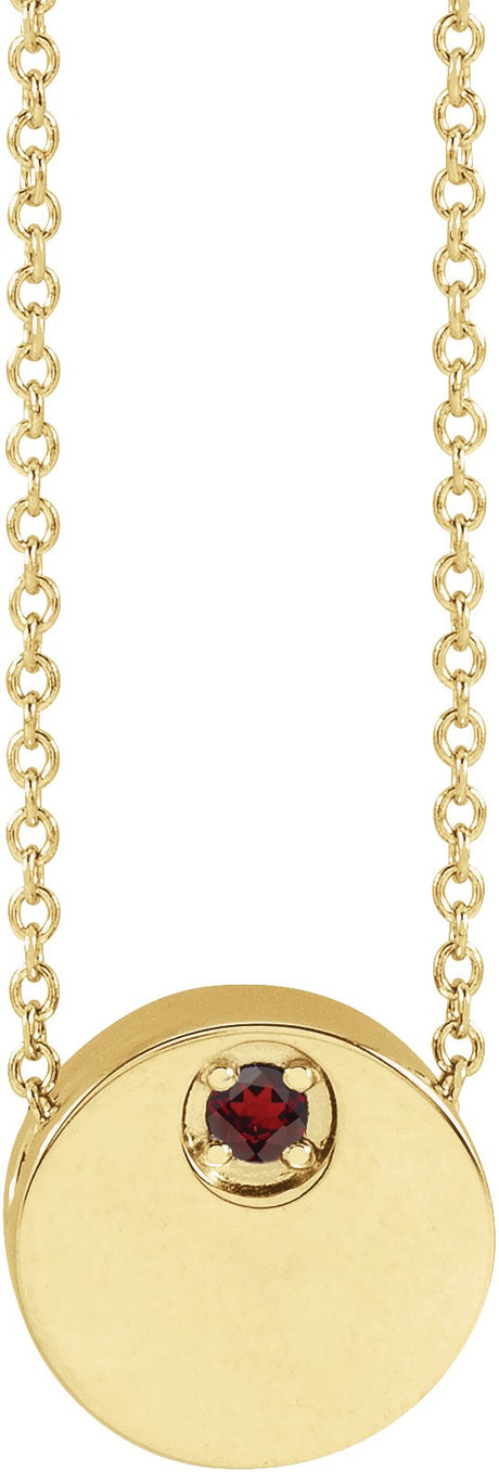 14K Gold Round Natural Mozambique Garnet Engravable Disc Necklace or Slide Pendant - Yellow Gold