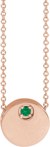 14K Gold Round Natural Emerald Engravable Disc Necklace or Slide Pendant - Rose Gold