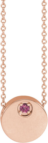 14K Gold Round Natural Pink Tourmaline Engravable Disc Necklace or Slide Pendant - Rose Gold