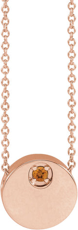 14K Gold Round Natural Citrine Engravable Disc Necklace or Slide Pendant - Rose Gold