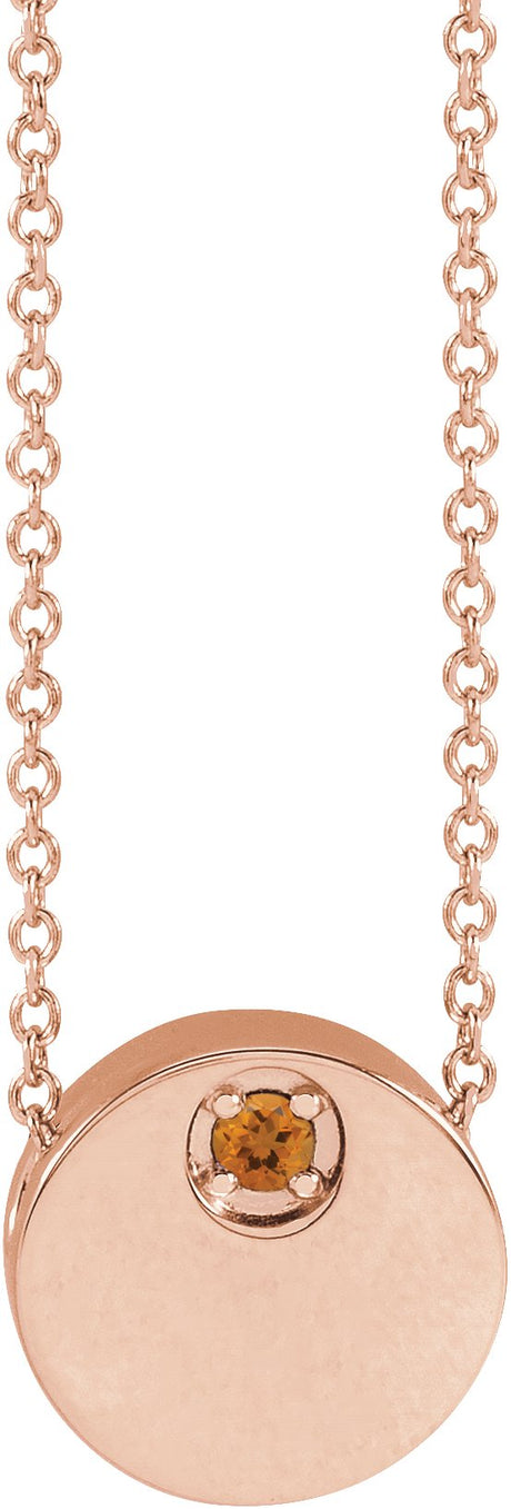 14K Gold Round Natural Citrine Engravable Disc Necklace or Slide Pendant - Rose Gold
