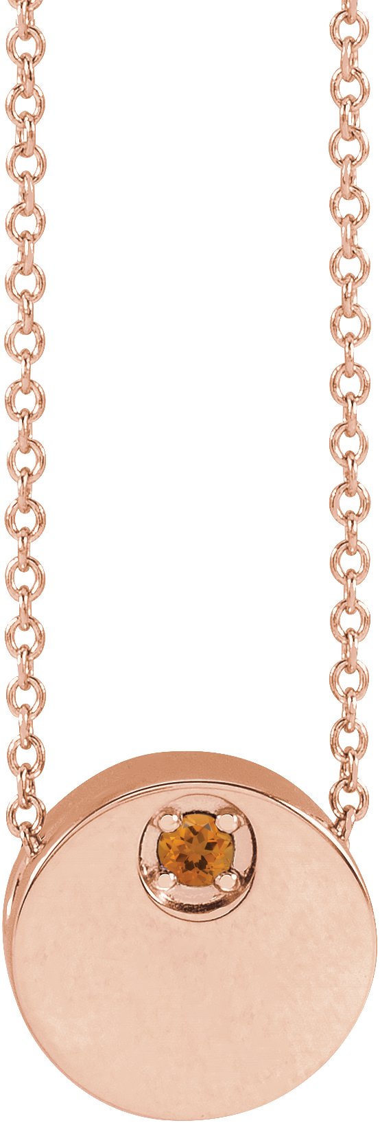 14K Gold Round Natural Citrine Engravable Disc Necklace or Slide Pendant - Rose Gold