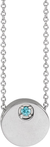 14K Gold Round Natural Blue Zircon Engravable Disc Necklace or Slide Pendant - White Gold