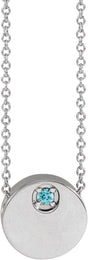 14K Gold Round Natural Blue Zircon Engravable Disc Necklace or Slide Pendant - White Gold