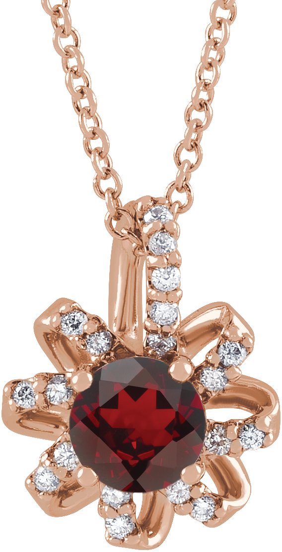 14K Gold Round Natural Mozambique Garnet & Natural Diamond Halo-Style Necklace or Pendant – 0.07 CTW - Rose Gold