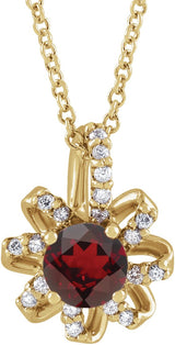 14K Gold Round Natural Mozambique Garnet & Natural Diamond Halo-Style Necklace or Pendant – 0.07 CTW - Yellow Gold